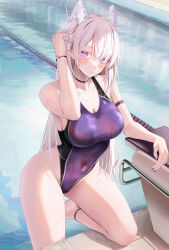 Rule 34 | 1girl, anklet, bare shoulders, black one-piece swimsuit, blush, bracelet, breasts, cleavage, colored eyelashes, competition swimsuit, covered navel, grey hair, highres, horns, jewelry, large breasts, long hair, looking at viewer, multicolored clothes, multicolored swimsuit, nail polish, one-piece swimsuit, original, parted lips, pointy ears, pool, poolside, purple eyes, ru zhai, slit pupils, solo, striped horns, swimsuit, thighs, two-tone swimsuit, very long hair, wading, water, wet, wet clothes, wet swimsuit