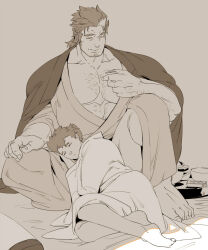 Rule 34 | 2boys, abs, age difference, arm hair, bara, beard stubble, between legs, chest hair, facial hair, hairy, highres, hinokumo f, japanese clothes, kimono, lap pillow, large hands, large pectorals, long sideburns, male focus, mature male, monochrome, mononobe kyoma, multicolored hair, multiple boys, muscular, muscular male, open clothes, open kimono, pectoral cleavage, pectorals, ponytail, protagonist 1 (housamo), short hair, sideburns, size difference, sleeping, sleeping on person, smile, streaked hair, stubble, sunlight, thick eyebrows, tokyo houkago summoners, yaoi