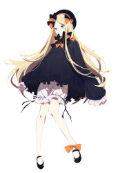 Rule 34 | 1girl, abigail williams (fate), aqua-, black bow, black dress, black footwear, black hat, blonde hair, bloomers, blue eyes, bow, bug, butterfly, closed mouth, dress, fate/grand order, fate (series), full body, hair bow, hat, highres, insect, knees together feet apart, long hair, long sleeves, looking at viewer, mary janes, orange bow, parted bangs, polka dot, polka dot bow, shoes, simple background, sleeves past fingers, sleeves past wrists, solo, underwear, very long hair, white background, white bloomers