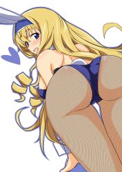Rule 34 | 10s, 1girl, :d, animal ears, ass, bare shoulders, blonde hair, blue eyes, blush, breasts, rabbit ears, rabbit tail, playboy bunny, cecilia alcott, fake animal ears, fishnet pantyhose, fishnets, from behind, hairband, haruhisky, heart, highres, infinite stratos, large breasts, leotard, long hair, looking back, open mouth, pantyhose, smile, solo, tail, thigh gap, wrist cuffs