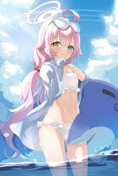 Rule 34 | 1girl, absurdres, ahoge, bikini, bikini under clothes, blue archive, blue shirt, blush, cloud, eyewear on head, frilled bikini, frills, gluteal fold, hair bobbles, hair ornament, hand to own mouth, heterochromia, highres, hoshino (blue archive), hoshino (swimsuit) (blue archive), inflatable dolphin, inflatable toy, kanikama acedia, long hair, low twintails, navel, off shoulder, open clothes, open shirt, outdoors, pink hair, shirt, sky, smile, solo, sunglasses, swimsuit, thighs, twintails, very long hair, wading, water, wet, white bikini