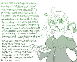 Rule 34 | 1girl, ahoge, breasts, chocolate, crybringer, dated, demon mages, demon tail, eating, english text, full-length zipper, glasses, green theme, horns, large breasts, monochrome, semi-rimless eyewear, short hair, signature, simple background, solo, tail, tess tesryon, under-rim eyewear, wall of text, white background, zipper