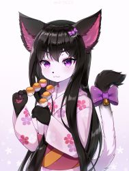 Rule 34 | 1girl, :3, animal ears, animal hands, artist name, bell, black hair, blush, body fur, bow, cat ears, cat girl, cat tail, claws, closed mouth, commission, dango, female focus, flat chest, floral print, food, furry, furry female, gradient background, hair bow, hands up, happy, heart, heart in eye, holding, japanese clothes, japanese text, kimono, long hair, long sleeves, looking at viewer, methynecros, obi, original, pawpads, pink kimono, purple bow, purple eyes, sash, sidelocks, simple background, skewer, smile, solo, standing, symbol in eye, tail, tail bell, tail bow, tail ornament, translated, upper body, v-shaped eyebrows, very long hair, wagashi, watermark, white background