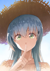 Rule 34 | 1girl, aqua hair, closed mouth, gradient background, green eyes, hair between eyes, hair ornament, hairclip, hat, highres, kantai collection, long hair, looking at viewer, straw hat, suzuya (kancolle), yamakou (yamakou e2)