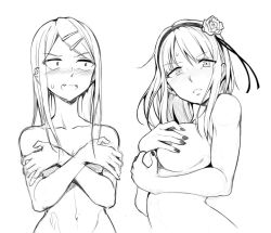 Rule 34 | 2girls, bad id, bad twitter id, black nails, blush, breasts, collarbone, commentary, covering privates, covering breasts, dagashi kashi, endou saya, english commentary, fang, flower, geewhy, greyscale, hair flower, hair ornament, hair ribbon, hairband, hairclip, inactive account, large breasts, long hair, looking at another, looking at viewer, monochrome, multiple girls, nail polish, navel, nude, ribbon, rose, shidare hotaru, short hair, simple background, sketch, small breasts, white background