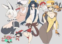 Rule 34 | 1boy, 6+girls, bikini, bodystocking, breasts, choker, collar, covered erect nipples, covered navel, detached sleeves, dizzy (guilty gear), elphelt valentine, fingerless gloves, funaya (a2brasd), fur hat, giovanna (guilty gear), glasses, gloves, grey background, guilty gear, guilty gear strive, guilty gear xrd, hat, highres, huge breasts, i-no, jack-o&#039; valentine, kuradoberi jam, large breasts, leg up, leotard, long hair, looking at viewer, mature female, may (guilty gear), mature female, millia rage, multiple girls, navel, office lady, one-piece swimsuit, ramlethal valentine, simple background, smile, sol badguy, sports bra, string bikini, swimsuit, thick thighs, thighs, twintails, ushanka, yellow leotard
