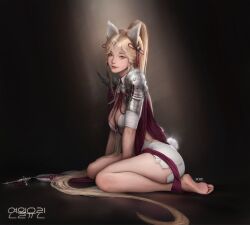 Rule 34 | 1girl, absurdres, animal ears, artist name, barefoot, blonde hair, breasts, cleavage, closed mouth, eyebrows, female focus, full body, high ponytail, highres, jagercoke, legs, lips, long hair, looking at viewer, mabinogi, mabinogi heroes, medium breasts, sitting, solo, tail, thighs, wariza, yellow eyes