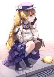 Rule 34 | 1girl, black gloves, blonde hair, blue dress, blue footwear, blue headwear, boots, breasts, cabbie hat, cellphone, cellphone charm, charm (object), choker, cleavage, closed mouth, commentary, cropped jacket, curry bowl, dokibird (vtuber), dragoon (dokibird), drain (object), dress, earrings, english commentary, gloves, green eyes, grey jacket, hair ribbon, hand on own cheek, hand on own face, hat, head rest, high heel boots, high heels, highres, holding, holding phone, indie virtual youtuber, jacket, jewelry, layered dress, light blush, long hair, long sleeves, looking to the side, medium breasts, open clothes, open jacket, phone, platform boots, platform footwear, profile, puffy long sleeves, puffy sleeves, ribbon, shirt, sidewalk, single leg pantyhose, smartphone, solo, squatting, star (symbol), sweat, very long hair, virtual youtuber, white choker, white ribbon, white shirt