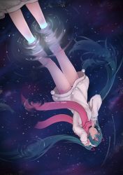 Rule 34 | absurdres, aqua eyes, aqua hair, artist name, bare legs, bow, dress, follow dreams, hatsune miku, hatsune miku (vocaloid4), hatsune miku (vocaloid4) (chinese), headphones, highres, jewelry, long hair, open mouth, ring, scarf, signature, twintails, vocaloid, water
