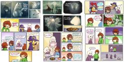 Rule 34 | 1boy, 3girls, alphys, alternate universe, androgynous, angel wings, apron, asriel dreemurr, blood, board game, book, brown hair, caribun, chara (undertale), chips (food), comic, cookie, dice, dungeons &amp; dragons, dvd (object), eating, english text, eyepatch, figure, food, frisk (undertale), fullmetal alchemist, furry, glasses, greater dog, hat, highres, holding hands, jpeg artifacts, monopoly, monster boy, monster kid (undertale), multiple girls, oven mitts, pink eyes, purple eyes, red eyes, red hair, scarf, shirt, spoilers, star-shaped pupils, star (symbol), striped clothes, striped shirt, symbol-shaped pupils, toriel, undertale, undyne, wings, wizard hat, wolf, yellow eyes