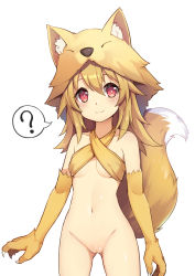 Rule 34 | 1girl, 3.14, ?, animal hands, animal hat, animal hood, bandeau, bare shoulders, blonde hair, blush, bottomless, breasts, casual, claws, cleft of venus, closed mouth, collarbone, cowboy shot, elbow gloves, female focus, fox girl, fox hood, fox tail, gloves, gluteal fold, hair between eyes, halterneck, hat, hood, light smile, long hair, looking at viewer, moonlight flower, navel, nipples, no panties, pussy, ragnarok online, red eyes, simple background, small breasts, smile, solo, spoken question mark, standing, tail, uncensored, white background, yellow gloves
