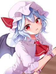Rule 34 | 1girl, absurdres, ascot, bat wings, blue hair, blush, collared dress, dress, eyes visible through hair, frills, gem, hair between eyes, hat, hat ribbon, highres, jewelry, looking at viewer, mob cap, open mouth, puffy short sleeves, puffy sleeves, purple dress, purple hat, red ascot, red eyes, red gemstone, red ribbon, remilia scarlet, ribbon, shinonome asu, short hair, short sleeves, simple background, sitting, smile, solo, table, tongue, touhou, twitter username, white background, wings, wrist cuffs