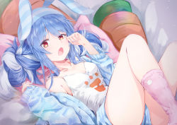 Rule 34 | 1girl, absurdres, alternate costume, animal ears, blue hair, blue jacket, braid, breasts, rabbit ears, camisole, daidai (daidai826), highres, hikimayu, hololive, jacket, long hair, looking at viewer, loungewear, lying, multicolored hair, on back, on bed, open mouth, pajamas, red eyes, rubbing eyes, short eyebrows, shorts, small breasts, solo, spaghetti strap, thick eyebrows, thighs, twin braids, twintails, two-tone hair, usada pekora, virtual youtuber, waking up, white hair, yawning
