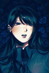 Rule 34 | 1girl, 77 (leu3 x), ado (utaite), ascot, black ascot, black hair, black shirt, blue eyes, blue flower, blue rose, chando (ado), character name, cloud nine inc, collared shirt, commentary, flower, hashtag-only commentary, highres, long hair, looking at viewer, open mouth, rose, shirt, solo, teeth, upper body, utaite