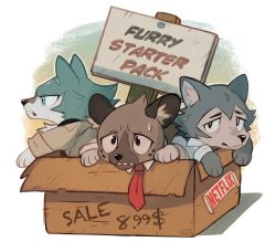 Rule 34 | 3boys, aggressive retsuko, animal ears, beastars, box, brand new animal, chibi, commentary, company connection, crossover, english commentary, english text, fangs, furry, furry male, haida (aggretsuko), highres, hyena, hyena ears, in box, in container, legoshi, looking at viewer, male focus, multiple boys, necktie, netflix, ogami shirou, sharp teeth, sign, sui (suizilla), teeth, trait connection, wolf boy, wolf ears