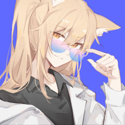 Rule 34 | 1girl, alternate costume, animal ear fluff, animal ears, arknights, black shirt, blonde hair, blue-tinted eyewear, blue background, brown eyes, chinese commentary, closed mouth, coat, collared shirt, commentary request, gemi 25, grey coat, hair between eyes, hand up, highres, horse ears, long hair, long sleeves, looking at viewer, nearl (arknights), open clothes, open coat, ponytail, rimless eyewear, shirt, simple background, smile, solo, sunglasses, tinted eyewear, upper body