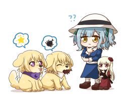 1girl ? ?? aged_down animalization bang_dream! bang_dream!_it&#039;s_mygo!!!!! black_hat blue_dress blue_hair brown_shoes closed_eyes dog dress green_ribbon hair_ribbon half-siblings half-sisters hand_on_own_chin hat highres jx2_(jennyiq) medium_hair misumi_uika mouth_hold purple_eyes rhinoceros_beetle ribbon shoes spoilers stroking_own_chin tail tail_wagging thinking togawa_sakiko togawa_sakiko&#039;s_doll tongue tongue_out two-tone_hat white_hat yellow_eyes