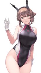 Rule 34 | 1girl, alternate costume, arm up, bare shoulders, black one-piece swimsuit, blush, breasts, brown hair, collarbone, commentary request, competition swimsuit, cowboy shot, flipped hair, gloves, green eyes, groin, hairband, headgear, highleg, highleg swimsuit, highres, kantai collection, large breasts, looking at viewer, mutsu (kancolle), one-piece swimsuit, parted lips, radio antenna, rokuwata tomoe, short hair, simple background, skindentation, smile, solo, swimsuit, thighs, white background, white gloves
