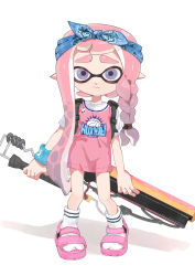 Rule 34 | 1girl, braid, commentary request, domino mask, full body, headband, highres, inkling, inkling girl, inkling player character, long hair, mask, nintendo, no pants, paint roller, pink footwear, pink hair, pink shirt, pointy ears, print shirt, purple eyes, sandals, shiohi, shirt, short sleeves, simple background, socks, solo, splat roller (splatoon), splatoon (series), suction cups, tentacle hair, white socks, wristband