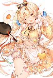 Rule 34 | 1girl, ;d, absurdres, animal ears, apron, bird, blonde hair, bow, brown bow, commentary, dress, earrings, egg, english commentary, fake animal ears, flower, fried egg, frilled apron, frilled dress, frills, frying pan, hair bow, hair ornament, head tilt, highres, holding, holding egg, holding frying pan, jewelry, long hair, long sleeves, looking at viewer, nail polish, neck ribbon, noyu (noyu23386566), one eye closed, open mouth, orange dress, orange nails, original, parted lips, pom pom (clothes), pom pom earrings, puffy long sleeves, puffy sleeves, rabbit ears, red ribbon, ribbon, simple background, smile, solo, twintails, very long hair, white apron, white background, white flower, x hair ornament, yellow eyes