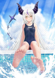 Rule 34 | 1girl, absurdres, andy2465, barefoot, blush, feet, foot focus, foreshortening, highres, hololive, horns, la+ darknesss, long hair, looking at viewer, one-piece swimsuit, pointy ears, pool, school swimsuit, smile, soles, splashing, swimsuit, toenails, toes, virtual youtuber, white hair, yellow eyes