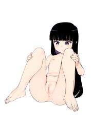 Rule 34 | azami (tsugumomo), black hair, cleft of venus, clitoris, colored skin, hands up, legs up, long hair, nipples, nude, purple eyes, pussy, tsugumomo, white skin
