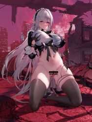 Rule 34 | 1girl, black bow, black dress, black gloves, black hairband, black thighhighs, bottomless, bow, breasts, building, censored, city, closed mouth, closers, covering crotch, covering privates, deep skin, dress, frilled hairband, frills, full moon, gloves, grabbing own breast, hair between eyes, hairband, half gloves, highres, huge breasts, huge moon, kneeling, large breasts, levia (closers), long hair, looking at viewer, moon, no pupils, no shoes, outdoors, panties, pointy ears, post-apocalypse, purple eyes, pussy, red moon, ruins, shirt, skindentation, sleeves past elbows, solo, swd3e2, tearing up, thigh strap, thighhighs, torn clothes, torn dress, underwear, unworn panties, very long hair, white hair, white shirt
