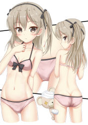 Rule 34 | 1girl, ass, bandaged arm, bandaged head, bandages, bare arms, bare shoulders, black bow, black hairband, blush, boko (girls und panzer), bow, bow bra, bow panties, bra, brown eyes, brown hair, butt crack, closed mouth, commentary request, cowboy shot, cropped legs, flipper, girls und panzer, gluteal fold, hair between eyes, hair bow, hairband, highres, long hair, multiple views, navel, panties, pink bra, pink panties, shimada arisu, stuffed animal, stuffed toy, teddy bear, two side up, underwear, underwear only, white background