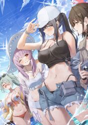 Rule 34 | 4girls, absurdres, atsuko (blue archive), bare shoulders, baseball cap, bikini, bikini under clothes, black hair, blue archive, blush, breasts, brown hair, character request, check character, cleavage, closed eyes, eyewear on head, frilled bikini, frills, green hair, hair ornament, hairclip, halo, hat, highleg, highleg bikini, highres, hiyori (blue archive), hiyori (swimsuit) (blue archive), large breasts, looking at another, looking at viewer, misaki (blue archive), multicolored hair, multiple girls, navel, netural, one eye closed, outdoors, partially submerged, pink hair, ponytail, print bikini, saori (blue archive), saori (swimsuit) (blue archive), short shorts, shorts, side ponytail, smile, stomach, sun hat, swimsuit, two-tone hair, white bikini