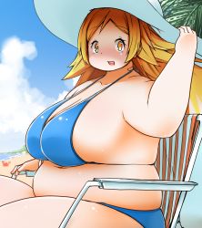 Rule 34 | 1girl, beach, belly, blonde hair, breasts, fat, hat, highres, large breasts, long hair, looking at viewer, navel, open mouth, orange eyes, original, sideboob, sitting, smile, solo, swimsuit, zuisawa