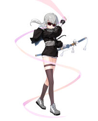 Rule 34 | 1girl, absurdres, asymmetrical legwear, black jacket, brown socks, brown thighhighs, closed mouth, closers, clothes writing, fingerless gloves, floating hair, from side, full body, gloves, grey footwear, grey hair, hand up, highres, holding, holding ribbon, holding sword, holding weapon, hood, hood down, hooded jacket, jacket, katana, long hair, long sleeves, looking at viewer, low ponytail, micro shorts, no pupils, official art, pink ribbon, puffy long sleeves, puffy sleeves, ribbon, sheath, sheathed, shoes, shorts, single sock, single thighhigh, sneakers, socks, solo, sunglasses, sword, tachi-e, tassel, thigh strap, thighhighs, tina (closers), turning head, uneven legwear, walking, weapon, white background, white gloves, white shorts