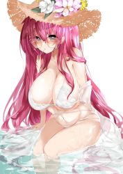 Rule 34 | arm support, azur lane, bad anatomy, bare shoulders, bikini, breasts, flower, green eyes, hair between eyes, hat, hat flower, highres, large breasts, long hair, looking at viewer, looking over eyewear, looking over glasses, mouth hold, mutou mame, navel, off shoulder, orange-tinted eyewear, orange-tinted glasses, pink hair, sidelocks, sitting, solo, straw hat, sunglasses, surcouf (azur lane), surcouf (loisirs balneaires) (azur lane), swimsuit, tinted eyewear, wading, water, wet, white background, white bikini