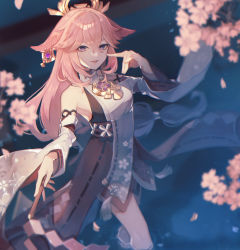 Rule 34 | 1girl, absurdres, blurry, blurry foreground, commentary, cowboy shot, detached sleeves, dress, flower, fox shadow puppet, genshin impact, gohei, hand up, headdress, highres, holding, japanese clothes, kino (m6t2a), long hair, long sleeves, looking at viewer, miko, outdoors, pink hair, purple eyes, smile, solo, tree, white dress, white flower, yae miko