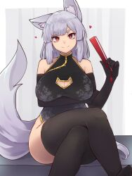 Rule 34 | 1girl, animal ear fluff, animal ears, bare shoulders, black dress, black gloves, black thighhighs, breasts, cat cutout, china dress, chinese clothes, cleavage, cleavage cutout, closed mouth, clothing cutout, crossed legs, dress, elbow gloves, gloves, grey hair, hand fan, heart, highres, holding, holding fan, large breasts, looking at viewer, original, red eyes, sitting, smile, solo, split mouth, tail, thick eyebrows, thighhighs, yonaga san