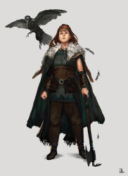 Rule 34 | 1girl, animal, axe, belt, bird, boots, brown belt, brown footwear, brown pants, cape, celtic, ceruleanraven, clenched hand, commentary, crow, english commentary, facing viewer, feathers, fur-trimmed cape, fur trim, green cape, highres, holding, holding axe, holding weapon, initial, long hair, looking up, orange hair, original, pants, simple background, vambraces, weapon, white background