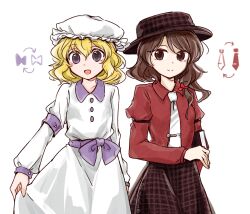 2girls adapted_costume armband armlet blonde_hair book bow brown_eyes brown_hair brown_hat ghostly_field_club hat highres holding holding_book jewelry light_smile maribel_hearn mob_cap multiple_girls necktie plaid_clothes plaid_hat plaid_skirt purple_bow purple_eyes red_shirt shirt short_hair skirt smile tama_(hiroshige_36) tie_clip touhou upper_body usami_renko white_background white_necktie white_shirt white_skirt