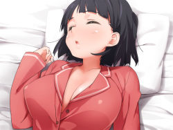 Rule 34 | 1girl, black hair, blush, breasts, cleavage, closed eyes, commentary request, kaisen chuui, kirigaya suguha, large breasts, open mouth, pajamas, pillow, short hair, sleeping, solo, sword art online