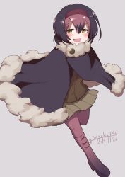 Rule 34 | 1girl, 9735aoitora, :d, black hair, blush, boots, brown hair, brown skirt, brown sweater, buttons, commentary request, dated, dodo (kemono friends), empty eyes, full body, fur collar, fur trim, grey background, hair between eyes, hairband, highres, kemono friends, looking at viewer, multicolored hair, open mouth, pantyhose, pink footwear, pink hair, pleated skirt, red hairband, running, short hair, signature, simple background, skirt, smile, solo, sweater, yellow eyes