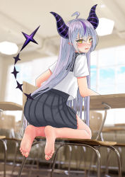 Rule 34 | 1girl, absurdres, ahoge, alternate costume, andy2465, barefoot, black skirt, blurry, blurry background, blush, chair, classroom, commentary request, demon girl, demon horns, desk, embarrassed, feet, from behind, full body, highres, hololive, horns, kneeling, la+ darknesss, legs, long hair, looking at viewer, multicolored hair, on chair, open mouth, photo background, pleated skirt, pointy ears, purple hair, school chair, school desk, school uniform, shiny skin, shirt, short sleeves, sidelocks, skirt, smell, soles, solo, streaked hair, striped horns, sweat, sweatdrop, toes, virtual youtuber, white shirt