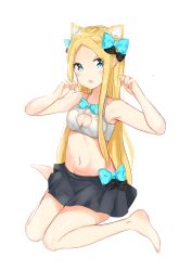 Rule 34 | 1girl, :o, abigail williams (fate), absurdres, animal ear fluff, animal ears, armpits, bare arms, bare shoulders, barefoot, black bow, black skirt, blonde hair, blue bow, blue eyes, blush, bow, breasts, cat ears, cleavage, cleavage cutout, clothing cutout, collarbone, commentary request, fate/grand order, fate (series), forehead, groin, hands up, highres, kemonomimi mode, long hair, looking at viewer, navel, open mouth, parted bangs, simple background, sitting, skirt, small breasts, solo, very long hair, wariza, white background, yukaa