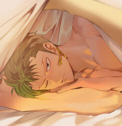 Rule 34 | 1boy, bed, closed mouth, earrings, green hair, jewelry, long sideburns, looking at another, lying, male focus, on bed, on side, one eye closed, one piece, roronoa zoro, runa (nori31291404), short hair, sideburns, solo, topless male