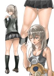 Rule 34 | 10s, 1girl, aged up, alternate hairstyle, ass, bandages, black footwear, black jacket, black legwear, black ribbon, black skirt, boko (girls und panzer), breasts, brown eyes, cleavage, closed mouth, commentary, cropped legs, emblem, from behind, full body, girls und panzer, hair down, hair ribbon, half-closed eyes, highres, holding, holding stuffed toy, jacket, kneepits, legs, light brown hair, light smile, loafers, long hair, long sleeves, looking at viewer, looking back, medium breasts, military, military uniform, miniskirt, multiple views, panties, pantyshot, pleated skirt, ribbon, selection university (emblem), selection university military uniform, shimada arisu, shoes, side ponytail, simple background, skirt, sleepy, socks, standing, stuffed animal, stuffed toy, tank top, tearing up, teddy bear, underwear, uniform, white background, white panties, yamano rita, yawning