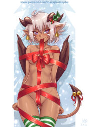 Rule 34 | 2021, barefoot, bell, bell earrings, body markings, bound, bow, breasts, christmas, dark-skinned female, dark skin, demon girl, demon horns, demon tail, demon wings, earrings, gift wrapping, horns, jewelry, jingle bell, looking at viewer, maxa&#039;, mistletoe, mistletoe hair ornament, mouth hold, original, patreon username, pointy ears, purple eyes, red ribbon, ribbon, shiny skin, signature, small breasts, socks, spiked hair, striped clothes, striped socks, tail, tail bell, tail ornament, tied up (nonsexual), white background, white hair, wings, xania (maxa&#039;)