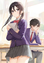 Rule 34 | 1boy, 1girl, back-to-back, black hair, black pants, black skirt, blue shirt, blush, book, hugging book, bow, bowtie, classroom, collar, cowboy shot, feet out of frame, floating hair, high collar, holding, holding book, indoors, long hair, looking away, necktie, hugging object, original, pants, pleated skirt, purple eyes, red bow, red bowtie, red necktie, school uniform, shirt, sitting, skirt, thighs, white collar