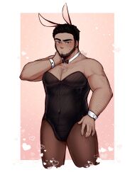 Rule 34 | 1boy, animal ears, arm hair, bara, bare arms, beard, black hair, blush, bow, bowtie, bulge, chest hair, covered navel, cropped legs, crossdressing, dark-skinned male, dark skin, detached collar, dracko (panqlao), facial hair, fake animal ears, feet out of frame, hairy, hand on own neck, heart, heart background, highres, leotard, looking at viewer, male focus, male playboy bunny, mature male, muscular, muscular male, original, panqlao, pantyhose, pectoral cleavage, pectorals, pink background, rabbit ears, raised eyebrow, short hair, shy, solo, strapless, strapless leotard, sweatdrop, thick eyebrows, thighs, two-tone background, wrist cuffs