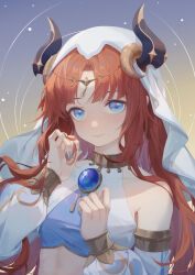 Rule 34 | 1girl, absurdres, bare shoulders, blue eyes, blue gemstone, blue nails, brooch, circlet, closed mouth, commentary request, crop top, detached sleeves, fake horns, gem, genshin impact, gyxyzz, hands up, harem outfit, highres, horns, jewelry, long hair, looking at viewer, nail polish, nilou (genshin impact), red hair, smile, solo, upper body, white headdress