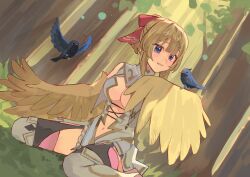 Rule 34 | 1girl, alt text, animal, animal on arm, bare shoulders, bird, bird legs, bird on arm, blonde hair, blue eyes, breasts, center opening, commentary, feathers, forest, hair ribbon, harpy, highres, indie virtual youtuber, leotard, long hair, mavia (vtuber), medium breasts, monster girl, nature, navel, pink thighhighs, red ribbon, ribbon, sabu 82, second-party source, sleeveless, solo, symbol-only commentary, thighhighs, virtual youtuber, white leotard, winged arms, wings, yellow feathers, yellow wings
