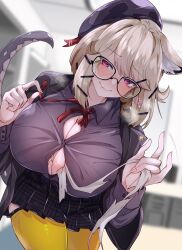 Rule 34 | 1girl, absurdres, animal ear fluff, animal ears, arknights, black jacket, black shirt, black skirt, breast expansion, breasts, cleavage, commission, glasses, hair ornament, hands up, hat, highres, holding bandages, huge breasts, jacket, kurarome, long sleeves, medium hair, neck ribbon, official alternate costume, open clothes, open jacket, pleated skirt, purple eyes, ribbon, shirt, skeb commission, skirt, solo, tail, textless version, thighhighs, utage (arknights), utage (disguise) (arknights), yellow thighhighs