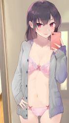 Rule 34 | 1girl, bad id, bad twitter id, black hair, blush, bow, bow bra, bow panties, bra, breasts, cardigan, cellphone, cowboy shot, earrings, floral print, grey cardigan, hand on own hip, highres, holding, holding phone, jewelry, lace, lace-trimmed bra, lace trim, long sleeves, looking at viewer, medium breasts, medium hair, navel, no pants, open cardigan, open clothes, original, panties, parted lips, phone, pink bra, pink panties, print bra, print panties, red eyes, smartphone, smile, solo, standing, stud earrings, tomozero, underwear