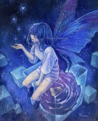 Rule 34 | 1girl, black footwear, black hair, blue theme, bug, butterfly, butterfly wings, closed eyes, commentary request, cube, dress, flower, full body, hand up, highres, insect, insect wings, long hair, oil painting (medium), original, painting (medium), parted lips, ringodrawing, sitting, smile, solo, surreal, sweater, sweater dress, traditional media, white sweater, wings